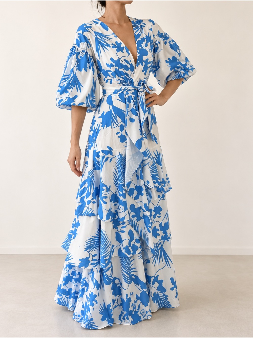 L'ATISTE Blue and White Floral Wrap Maxi Dress
